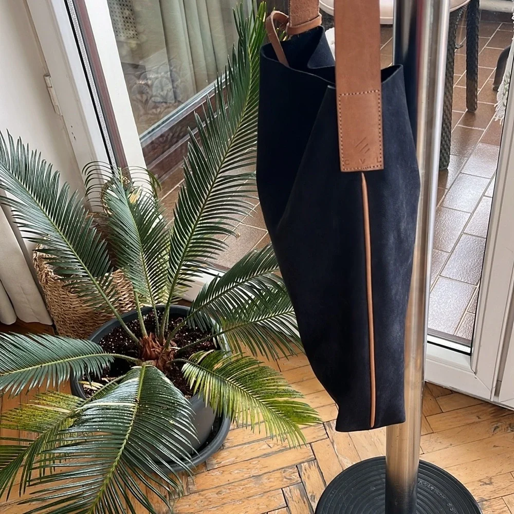 Navy Blue Suede Hobo Shoulder Bag with Tan Strap